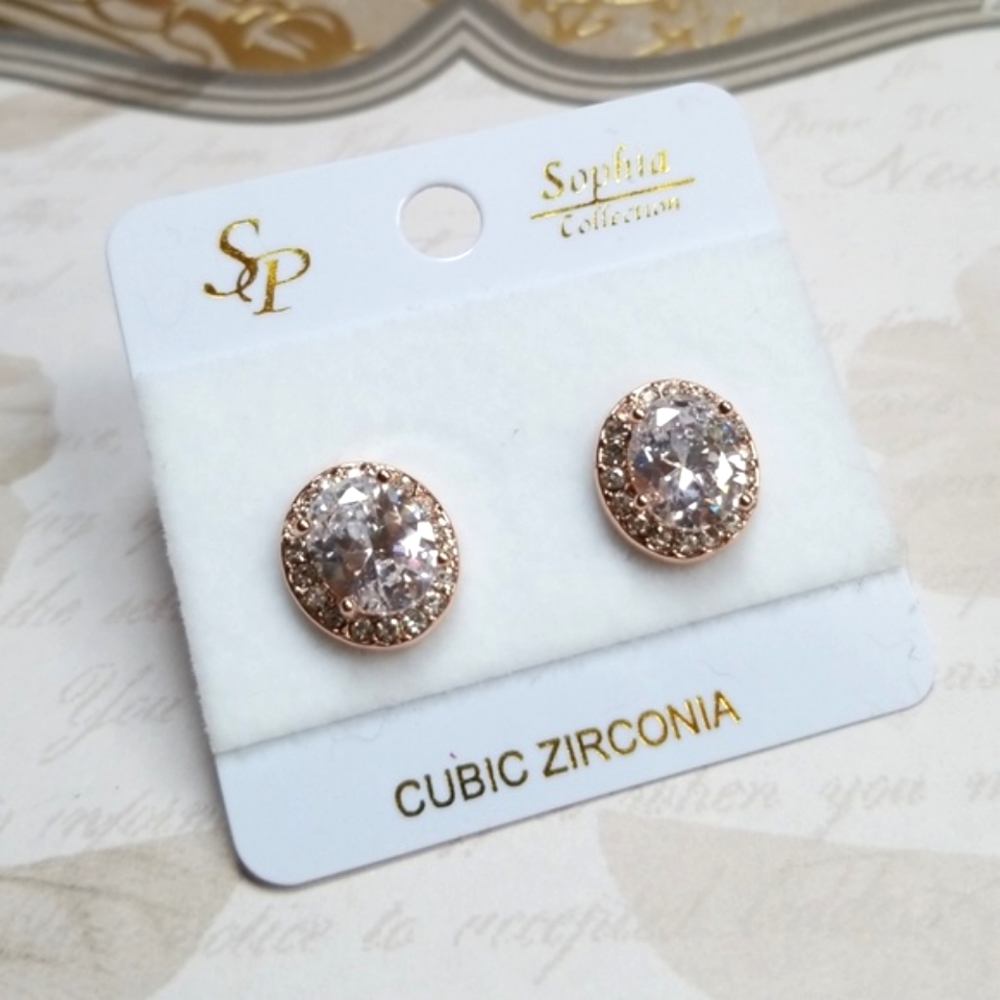 Cubic Zirconia Rose Gold Post Back Oval Earrings For Pierced Ears - Picture 4 of 12